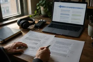 Editor’s hands reorganizing a podcast transcript beside headphones, an audio recorder, and a laptop waveform in soft window light.