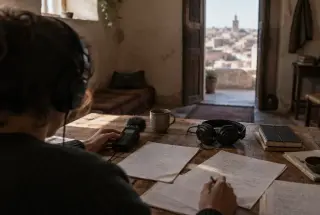 Editor’s hands organizing podcast notes beside headphones and an audio recorder in a softly lit riad workspace.